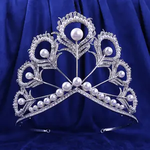 奢华巴洛克日冕全水晶珍珠皇冠皇后新娘婚礼皇冠优雅羽毛可调皇冠皇冠日冕