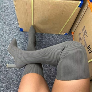 Bottes moulantes pour femmes, hauteur au-dessus du genou, avec tige en tricot extensible, talons carrés, bottes longues sexy à bout pointu - Product Image 1