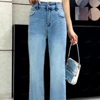 Prix de gros Jean évasé taille haute pour femme, bleu clair, grande taille, coupe ample, respirant, avec logo personnalisé et taille élastique