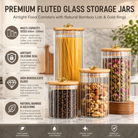 Pot de conservation en verre transparent avec couvercle en bambou et anneau doré, hermétique, pour le stockage de café, de thé et de fleurs dans la cuisine