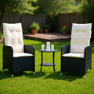 <b>Reclining</b> Garden Chairs Set 2 Piece Black Cream White Rattan Outdoor Furniture Contemporary Design Garden Use - Product Image 2