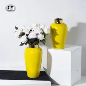 Vase à fleurs en céramique jaune, Style chinois ancien, vente en gros, décoration de luxe, moderne, en porcelaine, Vase à fleurs pour décor