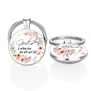 Porte-clés double face en verre cabochon avec verset biblique « Dieu est en <span class=keywords><strong>elle</strong></span>, <span class=keywords><strong>elle</strong></span> ne tombera pas » - Product Image 1
