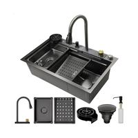 Évier de cuisine rectangulaire noir en acier inoxydable 304 nano, fait main, à cuve unique, avec robinet doré, évier intelligent