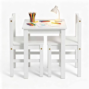 ชุดโต๊ะและเก้าอี้เด็ก 2 ตัว ทำจากไม้เนื้อแข็งสีขาวคลาสสิก เหมาะสำหรับห้องเด็กเล่น ห้องเด็กอ่อน ห้องรับประทานอาหาร และห้องเรียน - Product Image 1