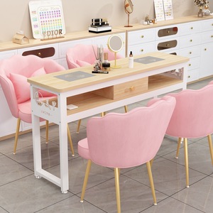 Table de manucure moderne en bois avec tiroir de rangement et chaise rose pour salon de beauté - Product Image 2