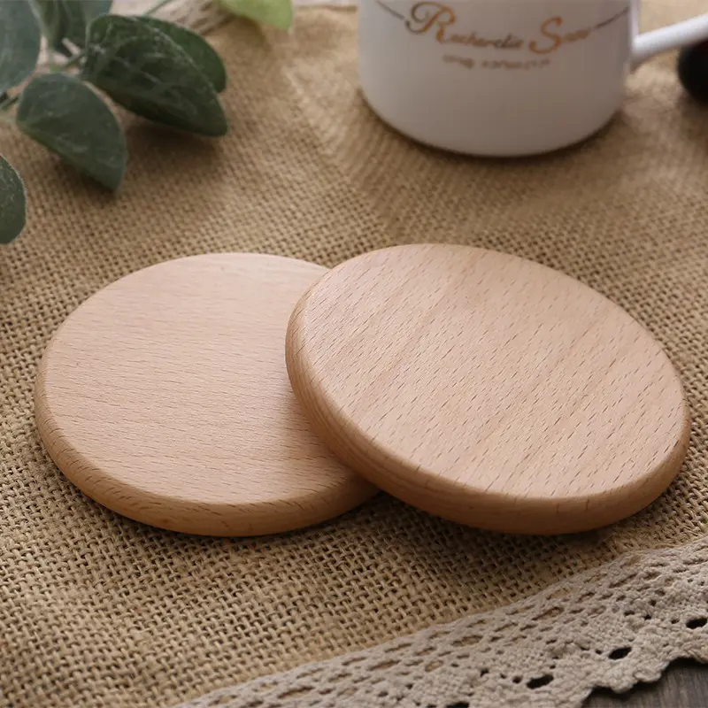 Custom logo engravable acacia beech wood walnut tea coffee cup glass blank square round wooden coaster