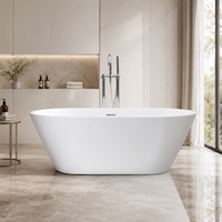 Baignoire autoportante moderne Domo en acrylique écologique avec robinet au sol, ovale blanche, pour salle de bain d'hôtel de luxe