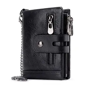 Boshiho Mens Wallet With Chain Genuine Leather RFID Blocking Bifold Biker Wallet Double Zipper Coin Pocket Purse