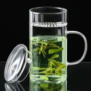 Taza de té de vidrio de borosilicato alto con asa y tapa para preparar té verde con filtro de separación para uso en oficina - Product Image 1