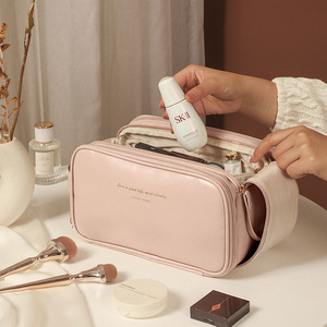 Cosmetic <b>Bag</b> <b>Large</b> Capacity Portable Travel <b>Toiletry</b> Storage Case Pink White Black Beige Solid Color Breathable Waterproof - Product Image 1