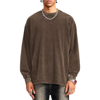 230g 100% katoenen kraagloze distressed T-shirt met lange mouwen, wijde schouderlijn, gewassen vintage herfstlook, oversized unisex top