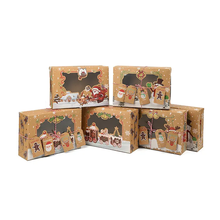 กล่องกระดาษคราฟท์คริสต์มาสแบบพับได้กล่องคุกกี้ขนมมัฟฟินกล่องเค้กของขวัญบรรจุภัณฑ์พร้อมหน้าต่าง