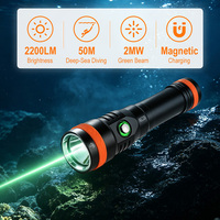 Lampe de plongée OEM ODM 2200LM avec faisceau vert 2mW, lampe torche LED magnétique rechargeable pour plongée nocturne jusqu'à 50m de profondeur