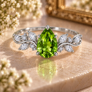 Pear Cut <b>Peridot</b> Engagement <b>Ring</b> 925 Sterling Silver Rhodium Plated Luxury Leaf Vine Design Green Gemstone - Product Image 3