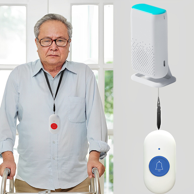 Wireless Rechargeable Personal Alarm Caregiver Pager with SOS Call and Doorbell Elderly Fall Prevention Device for Home Use