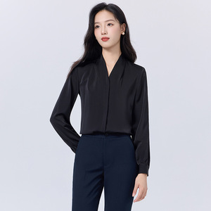 V-neck Shirt For Women Black Long Sleeve Office Wear Polyester Blouse Solid Color Formal Top - Product Image 1