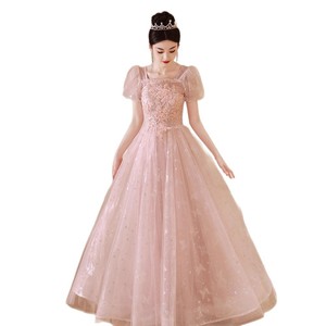 Pink Ball Gown Evening Dress Square Collar Empire Waist 3D Embellished For Weddings Banquets Birthday Parties - Product Image 5