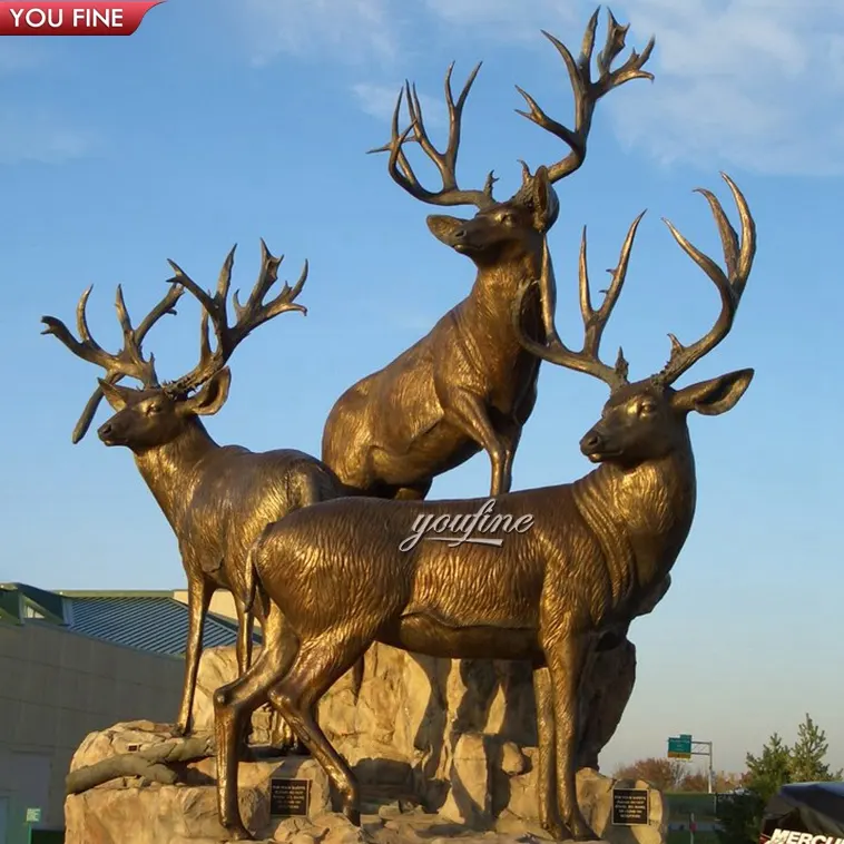 आउटडोर गार्डन बड़े तांबा पीतल तीन एल्क कांस्य हिरण मूर्तिकला प्रतिमा