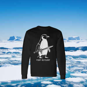 T-shirt a maniche lunghe Fight Or Flight Penguin, vestibilità classica, nera, unisex, girocollo, stampa serigrafica - Product Image 4