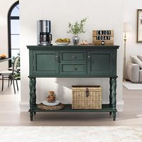 Console en bois vert non éclairée avec 2 tiroirs et armoires à portes ouvertes pour le mobilier de maison, idéale pour le salon, le hall d'entrée et le couloir
