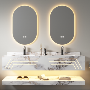 Tocador de baño de lujo, lavabo doble, tocador de baño de doble capa con espejo redondo con luz Led, iluminación de tocador de baño moderna - Product Image 2