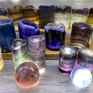 Lámpara de piedra pulida para artesanía, cristales naturales, con base de madera USB, lámpara de fluorita arcoíris