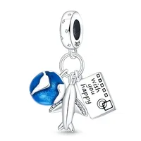 Breloques 925 Argent Sterling Malle Passeport Avion Mignon Globe Perles Zircon DIY Bracelet Bijoux Cadeau Personnalisation