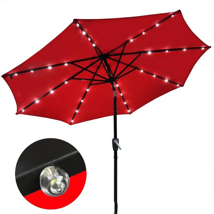 Parapluie LOTUS à énergie solaire LED, 7,5 pieds, pour Patio, Table extérieure, de marché, avec bouton-poussoir, inclinaison/manivelle