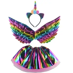 Go Party 3pcs Children's Performance Dress Up Accessory Unicorn Headband Rainbow Angel Wings Birthday Party TUTU Dress Skirt Set