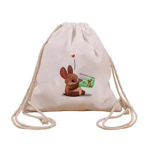 Factory Wholesale Calico Canvas Beige Drawstring Bags With Logo Backpack Drawstring Double Shoulder Bag