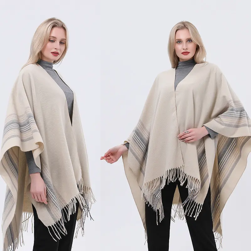 2023 novo poncho elegante com borlas pashmina inverno lã mistura tarja tecido manga xale poliéster quente