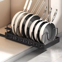 Organisateur de casseroles et poêles de cuisine avec séparateurs réglables, support coulissant pour couvercles de casseroles, support pour ustensiles de cuisson, boîte en acier au carbone noir/blanc