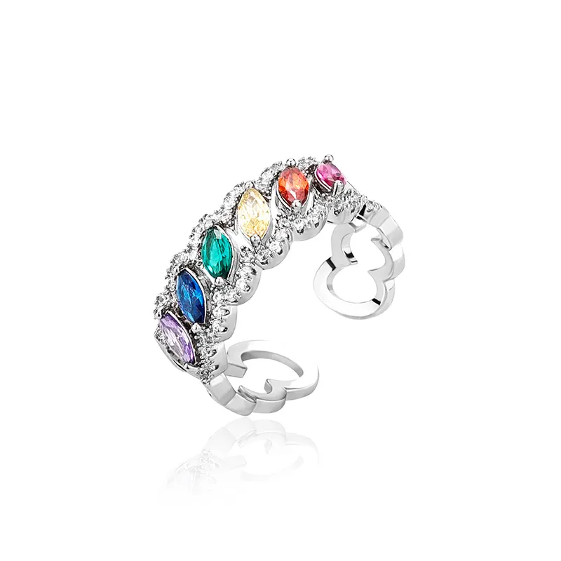 Blues anel de prata ajustável, novo design colorido olho de cavalo jóias banhado a prata anel de abertura simples arco-íris zircão anéis