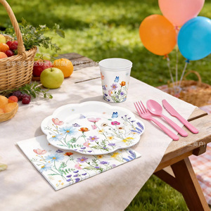 Ensemble de vaisselle pour fête aux fleurs sauvages, assiettes en papier, gobelets, serviettes avec décorations en dentelle pour la célébration du printemps - Product Image 4