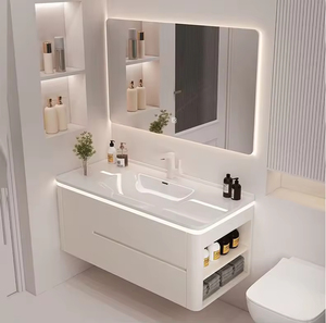 Mueble de Baño Moderno de Madera Suspendido en la Pared, Color <span class=keywords><strong>Blanco</strong></span> Crema, de 70-120 cm, con Lavabo de Cerámica Integrado y Espejo con Gabinete LED Inteligente - Product Image 2