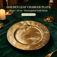 Assiette de présentation en plastique PP plaqué or personnalisée, motif feuille de bananier en relief, pour décoration de table de mariage ou de fête