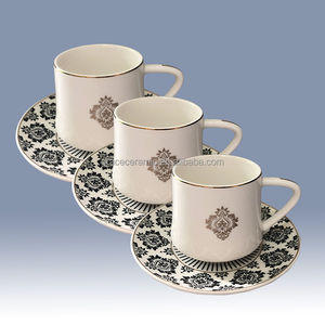 Tasse et soucoupe de café en porcelaine, en céramique, de luxe moderne, Fine, style arabe, turc, avec ligne dorée - Product Image 1