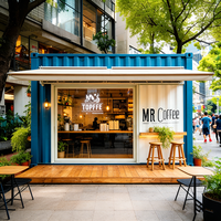 Comptoir de bar en bois de style industriel rétro, transformé à partir d'un conteneur maritime bleu foncé, avec tabourets de bar à structure métallique