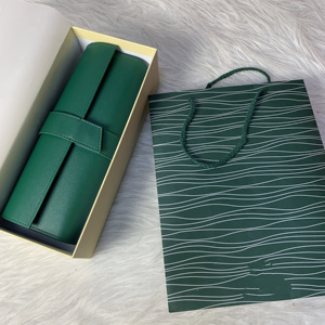 Leather <b>Watch</b> Roll for Travel Handmade Men's <b>Watch</b> <b>Case</b> with Green Embossed Custom Logo Service for Promotional Gifts - Product Image 1