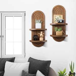 Solid Wood <b>Wall</b> <b>Mounted</b> Oval <b>Shelf</b> 2 Tier Storage Rack For Living Room Decorative Display - Product Image 2
