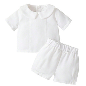 Ensembles de vêtements de baptême blanc personnalisé tenue <span class=keywords><strong>pour</strong></span> bébé garçon en bas âge petit lot vêtements d'église ensemble de shorts OEM ODM - Product Image 1