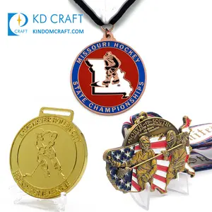 Medali Hoki Es 3d Kustom Kualitas Tinggi Pagar Olahraga Enamel Logo Timbul Logam dengan Pita