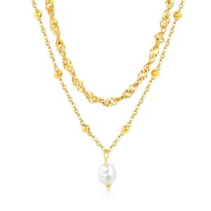 Collar de Doble Capa con Cuentas Modernas Personalizables para Mujer, Cadena de Doble Eslabón, Colgantes de Perlas, Estilo Geométrico - Product Image 1