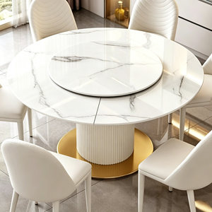 โต๊ะรับประทานอาหารหินเผาพร้อมถาดหมุนแบบ Lazy Susan, ฐานทรงกระบอกสีขาวลายร่อง, เก้าอี้รับประทานอาหารหุ้มหนัง PU สีขาวลายคลื่น - Product Image 4