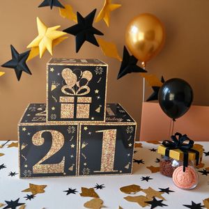 Boîte d'anniversaire Black Gold : Décoration de fête à thème ballons, ambiance festive, accessoires de surprise en papier imprimé - Product Image 3