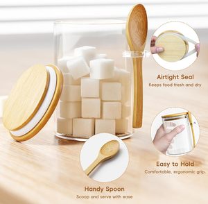 Pot à sucre en verre, récipient à sel transparent hermétique avec couvercle en bambou et cuillère doseuse pour le stockage des flocons d'avoine, des sels et des grains de café - Product Image 6