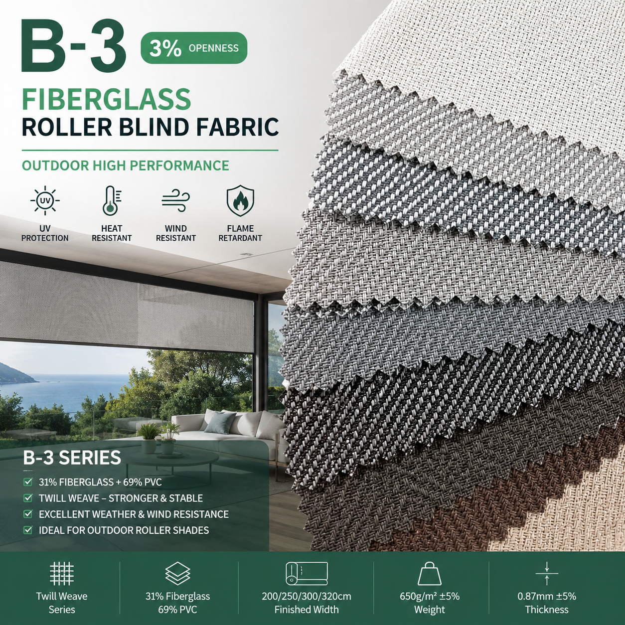 China Factory Direct Outdoor Fiberglass Sunscreen Fabric Roller Blind Fabric For High Temperature Strong Wind Applications