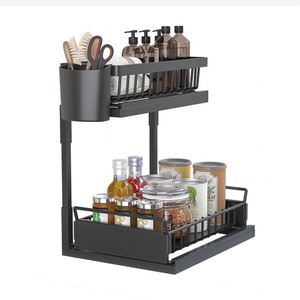 Organizador y estante de almacenamiento negro de 2 niveles ajustable de metal transparente para debajo del fregadero del baño, cesta extraíble a prueba de óxido para especias - Product Image 5