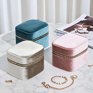 Velvet Rectangular Portable <b>Travel</b> Jewelry Storage Bag Ring Necklace Earrings with Mirror Zipper Solid Pattern Light Luxury - Product Image 6